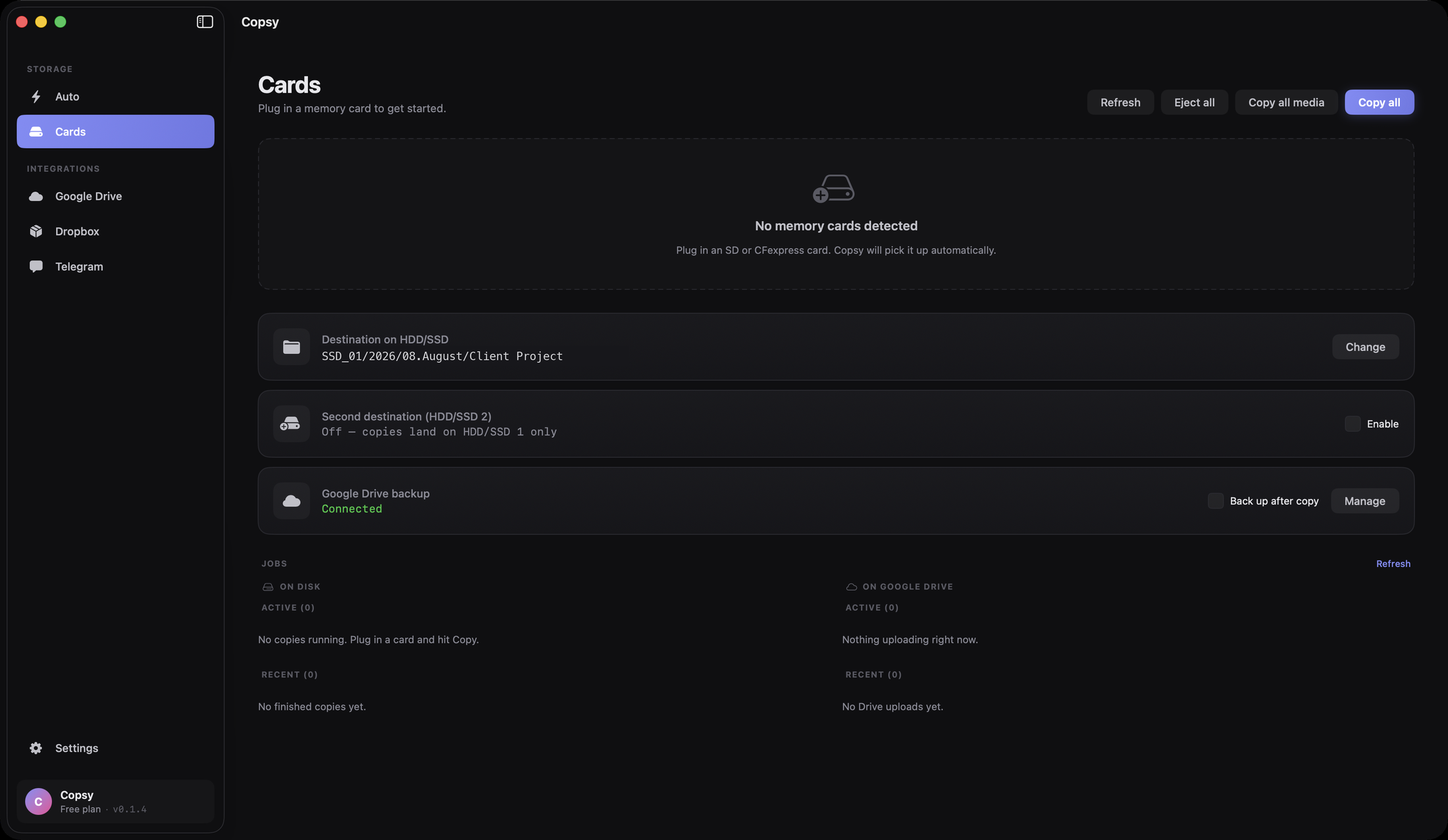 The Copsy Mac app: card list, destination drive, Google Drive backup and the running-jobs panel