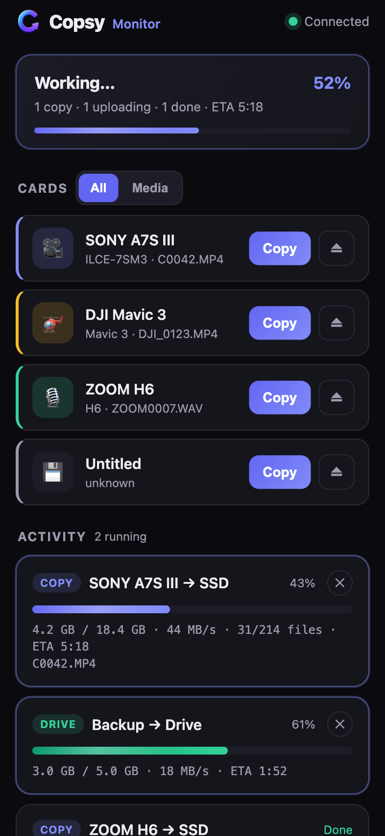 Copsy Monitor on iPhone showing a live card copy and a parallel Google Drive upload