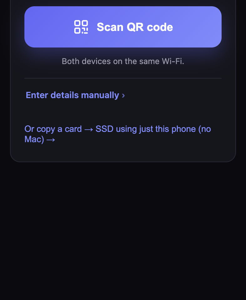 Copsy Monitor pairing screen on iPhone with a Scan QR code button