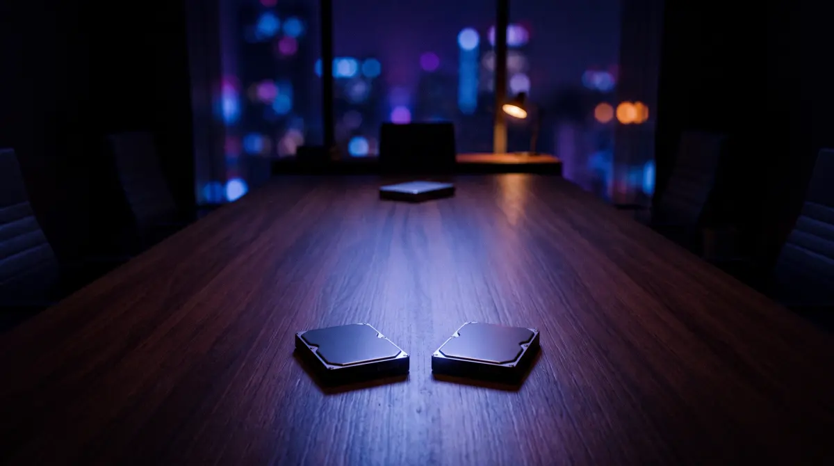 Two drives close together on a long table, a third alone by a window