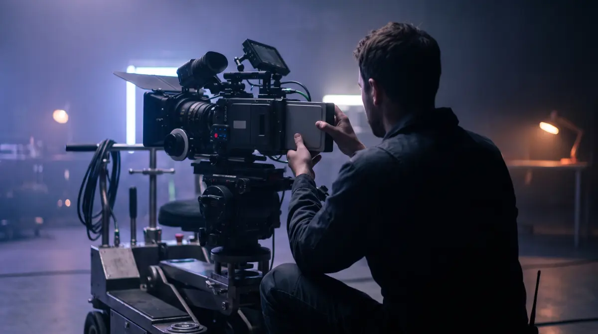 A crew member loads a media drive into a large cinema camera on a dolly