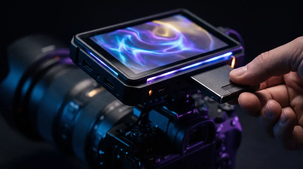 A small SSD caddy being pulled from an external monitor-recorder mounted on a camera