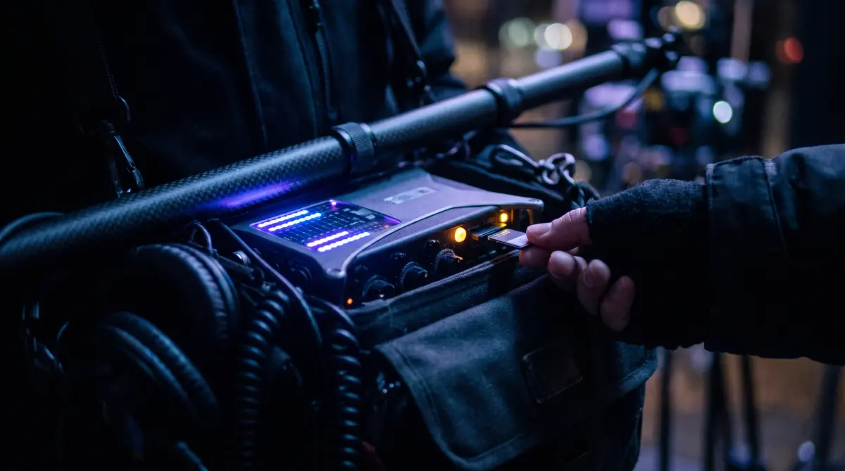 Fingers slide a memory card from a field audio recorder in an open sound bag