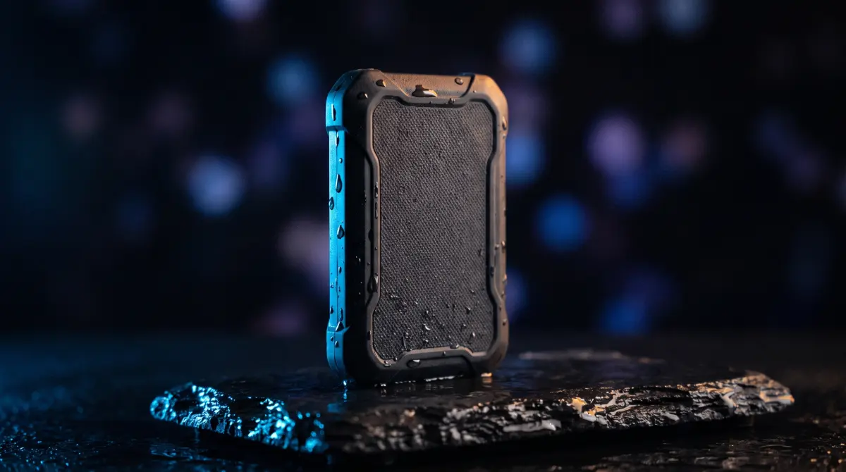 A rugged rubber-armored portable SSD standing on wet black stone beaded with water