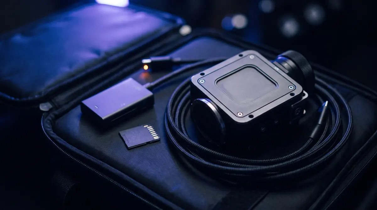 Overhead view of a box-style cinema camera, card reader and memory card on a case