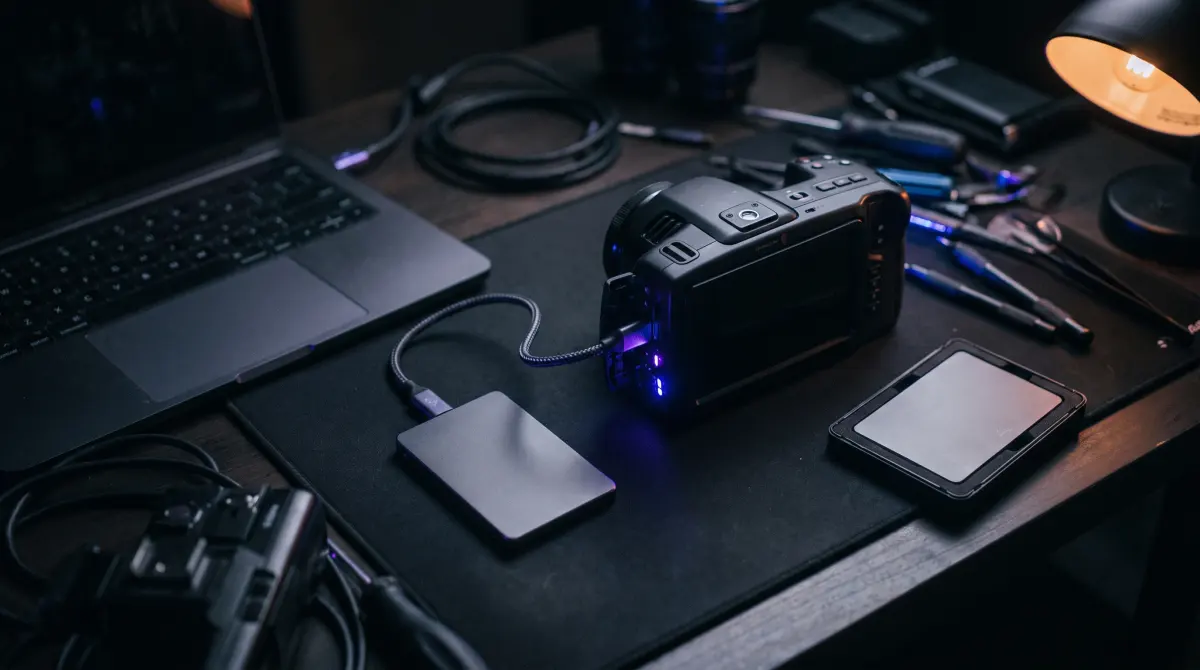 A small SSD from a cinema camera plugged into a laptop beside a backup drive