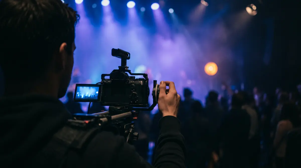 An operator films a live event with a mirrorless camera on a shoulder rig
