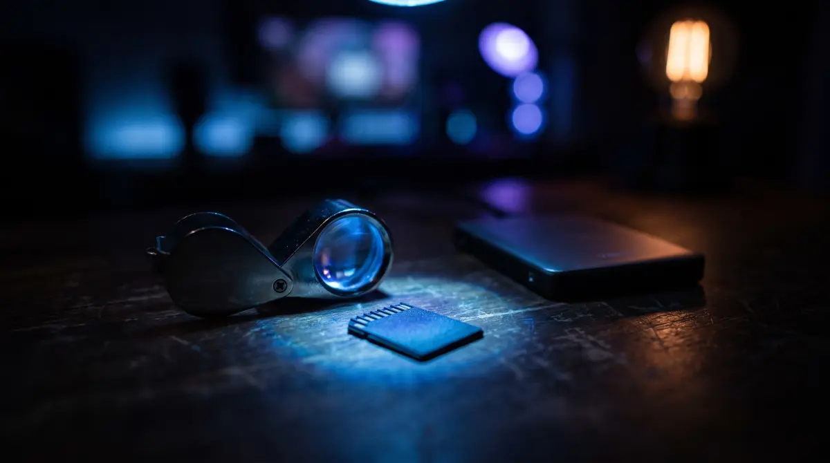 A jeweler's loupe beside a memory card and a portable drive under a blue lamp
