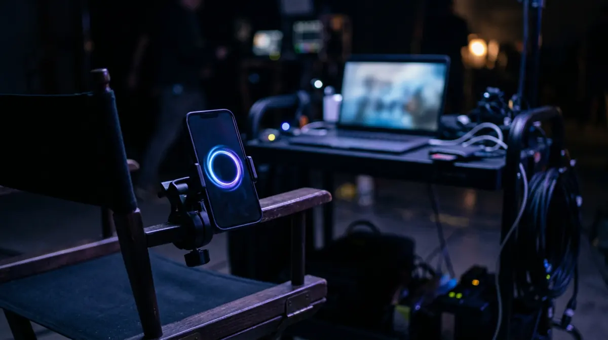A smartphone on a chair armrest shows a glowing progress ring, a laptop blurred behind