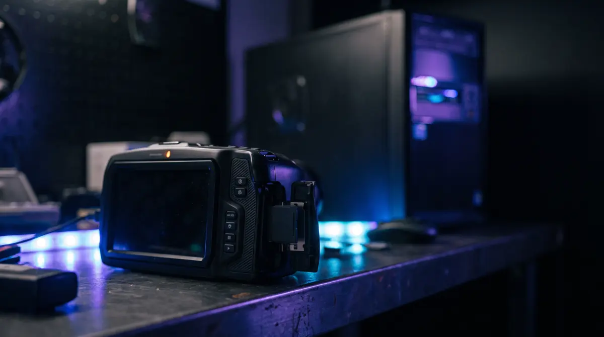 An unbranded cinema camera with a card half inserted, a computer tower blurred behind it