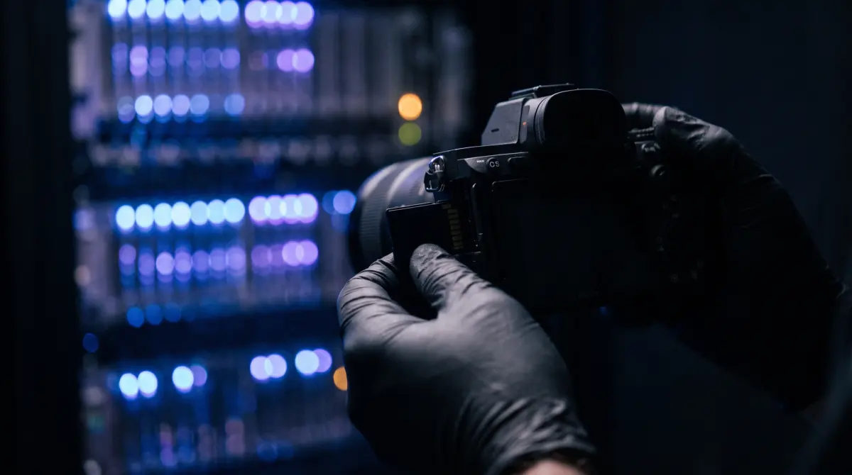 Hands eject a memory card from a mirrorless camera in front of blurred server lights