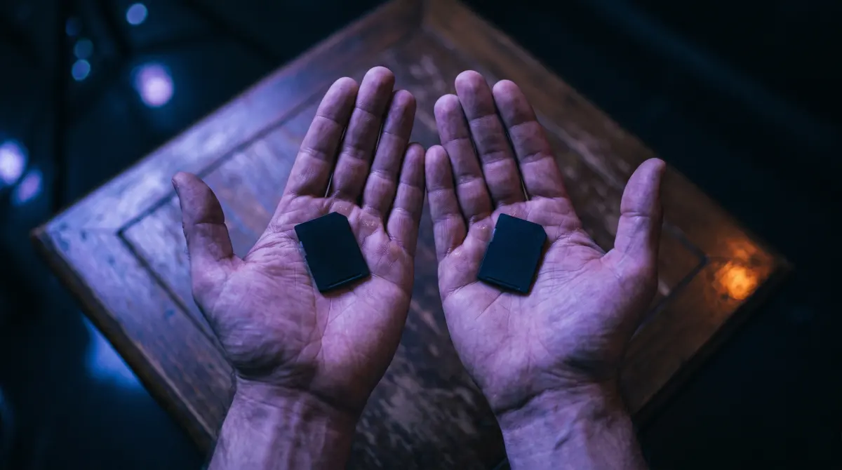 Two open palms from above, each holding one small memory card over a table