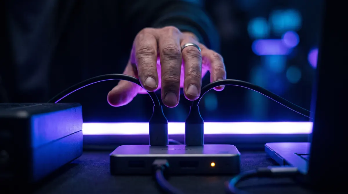 A hand hovers between two cables plugged into a hub, deciding which one to pull