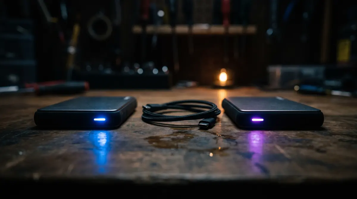 Two identical rugged portable drives side by side, one lit blue and one lit violet