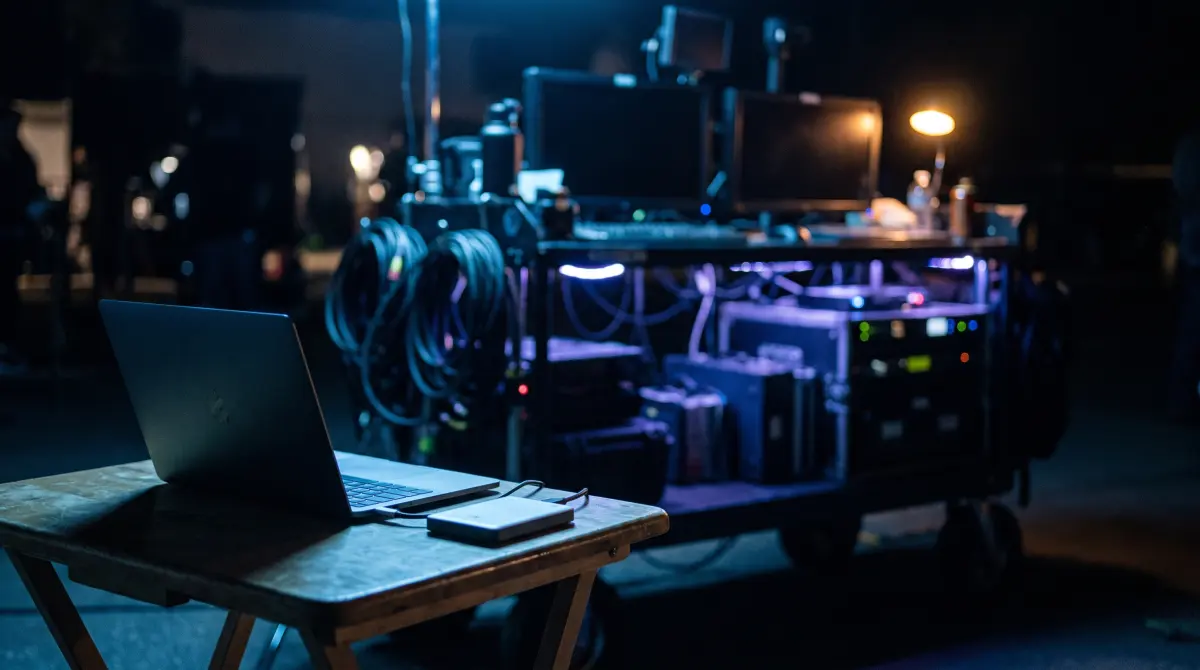 A compact laptop and single drive in sharp focus, a large DIT cart blurred behind