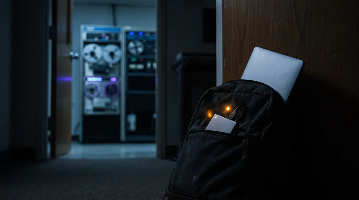 A light backpack with laptop and small drive, a heavy tape machine glowing behind