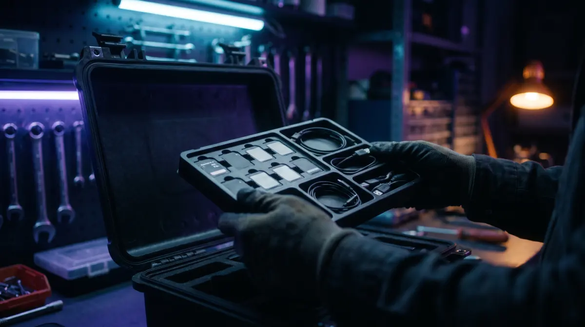 Hands lift a full compartmented tray of memory cards and cables from a hard case