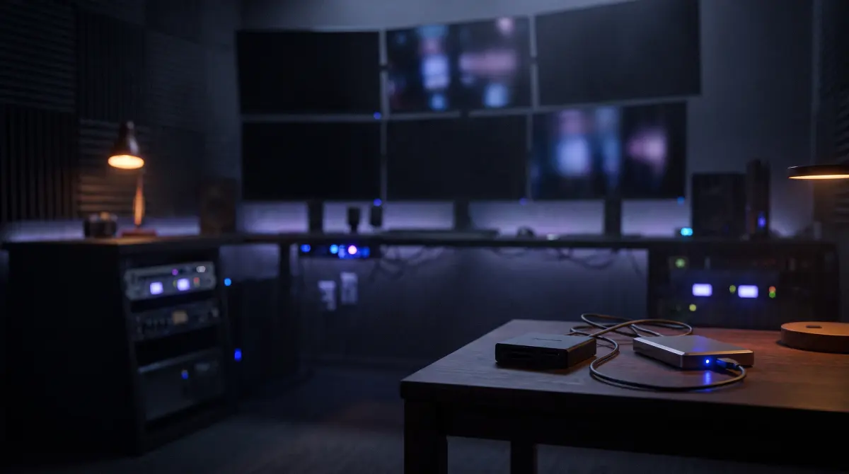 A card reader and portable drive working on a table in a dark edit bay