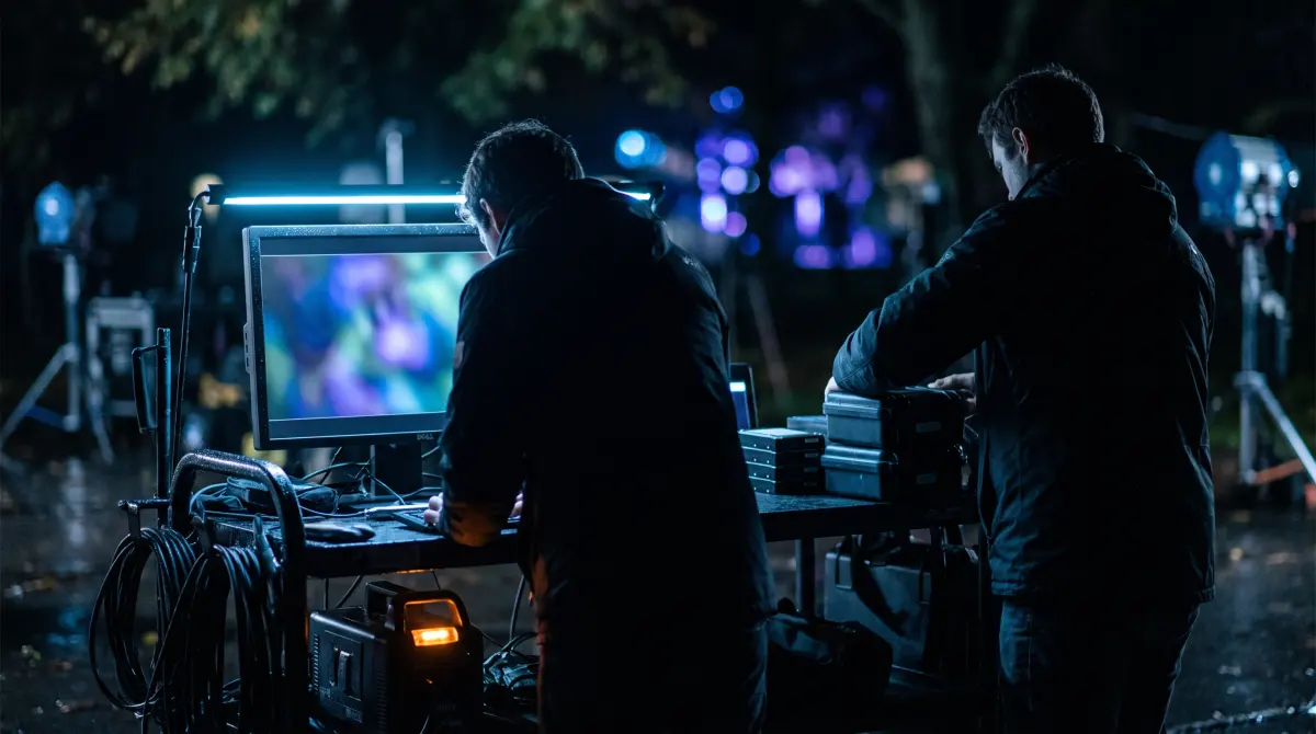 Two crew members seen from behind at a DIT cart on a night film set