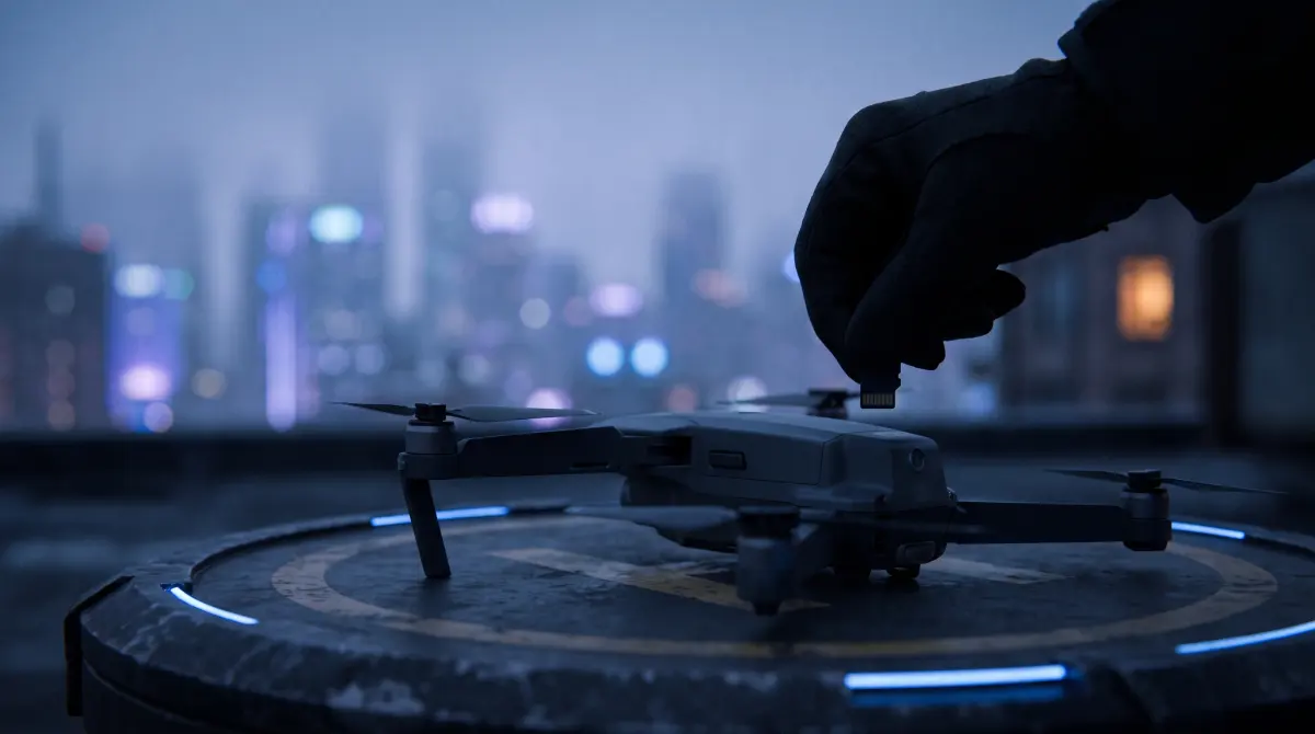 A pilot removes a tiny memory card from a folding drone on a rooftop