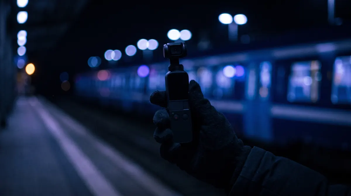 A traveler's hand holds up a tiny pocket gimbal camera on a night train platform