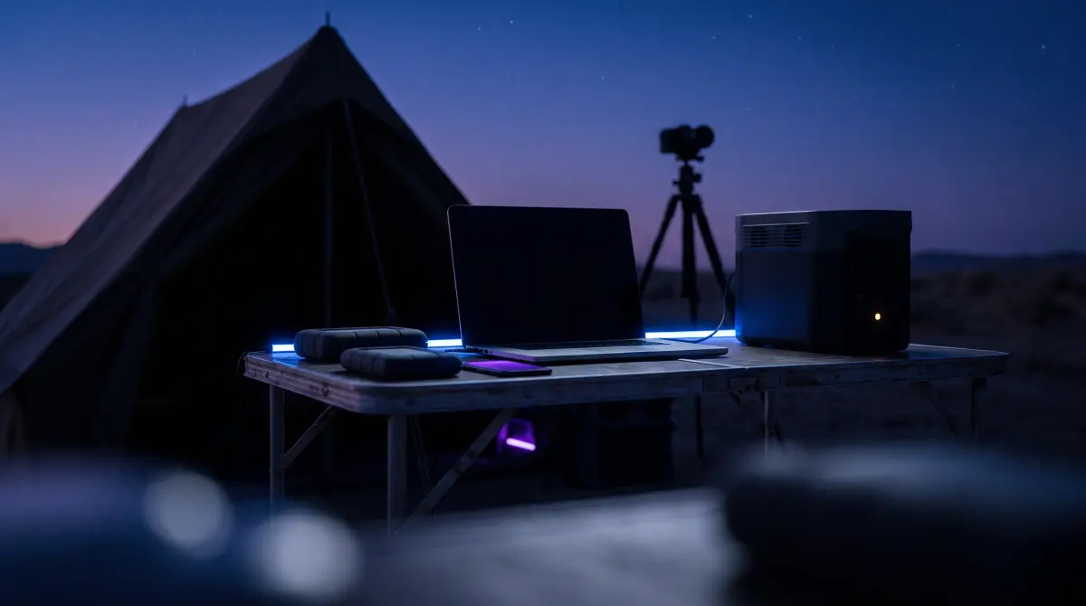 A laptop and two rugged drives on a camp table in a blue-hour desert