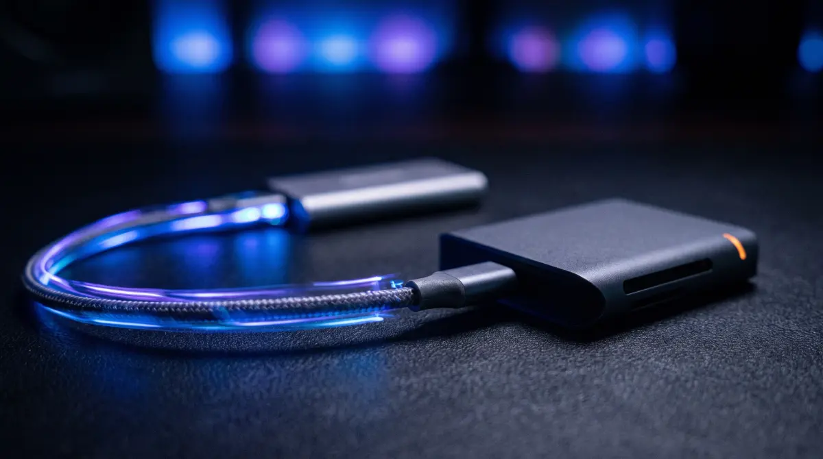 A compact card reader linked to a small SSD, blue light streaking along the cable