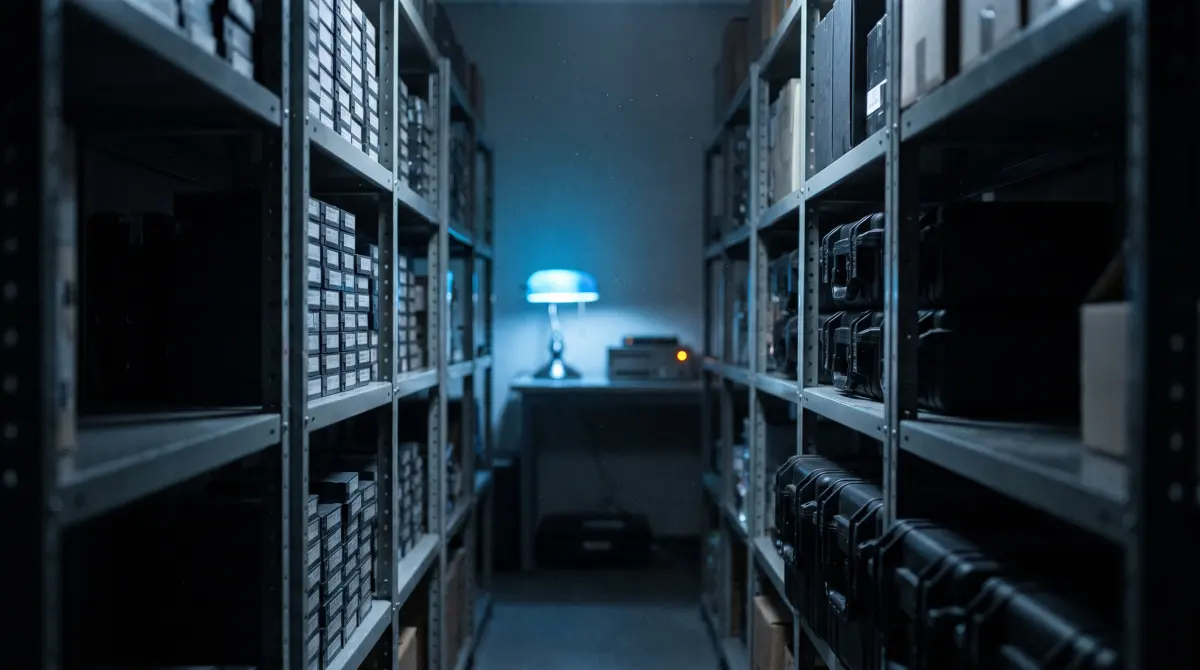 A dim archive aisle lined with shelves of data tape cartridges and sealed drive cases