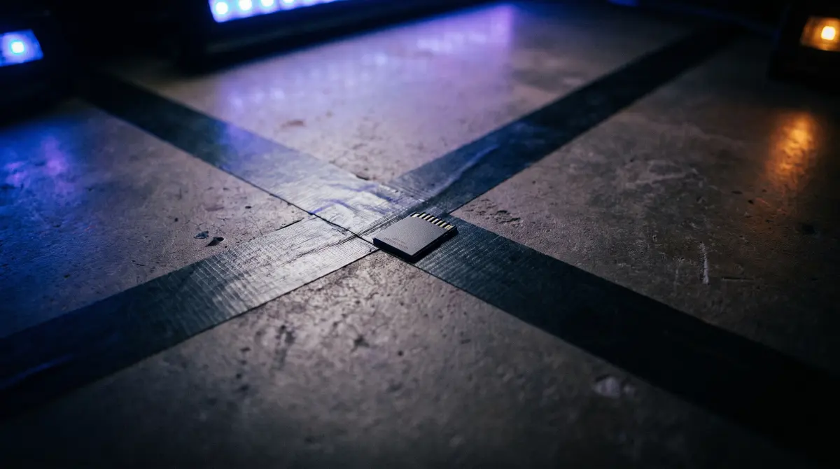 A memory card on a stage floor where a taped line forks in two