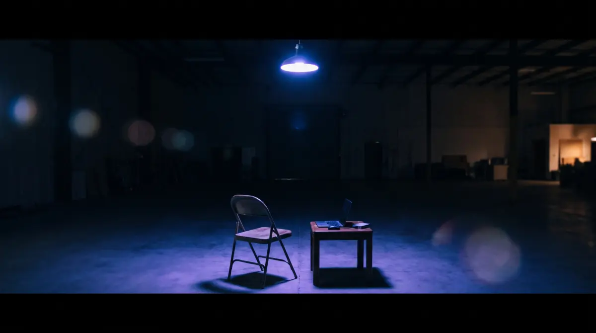 A lone chair and table with a laptop and drive in a vast dark studio