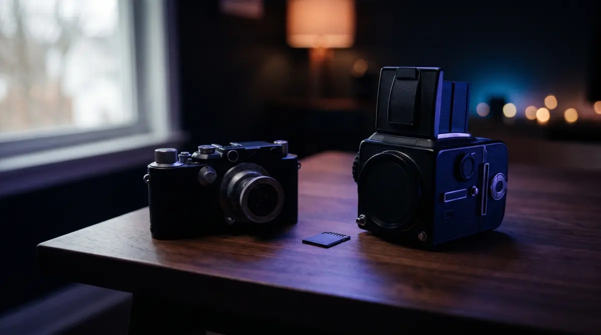 A retro-style mirrorless camera and a medium-format body on a dark walnut table