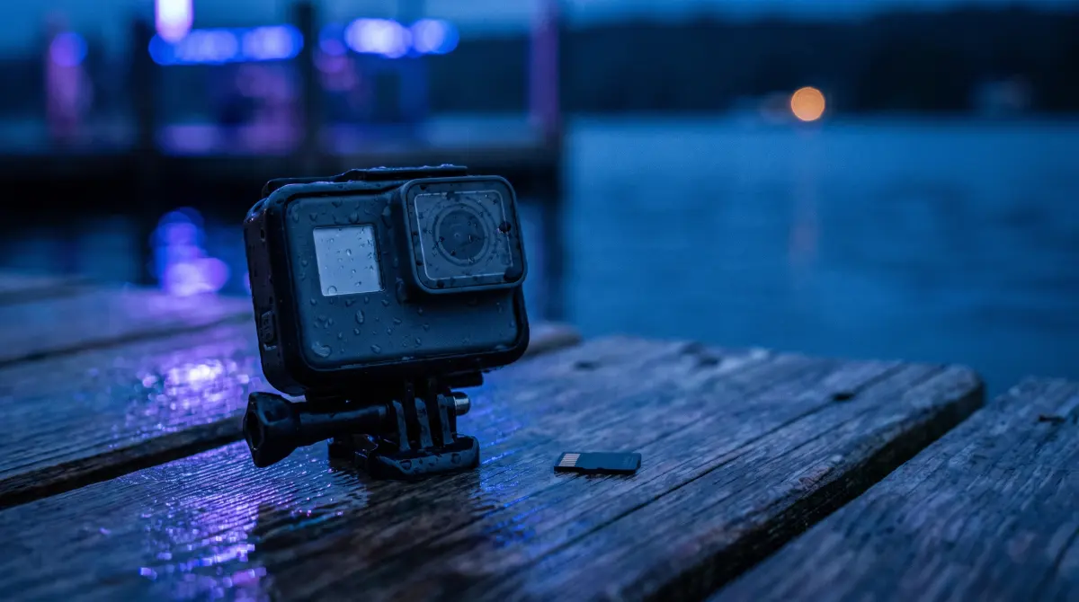 A wet action camera on a helmet mount beside a memory card on a dock
