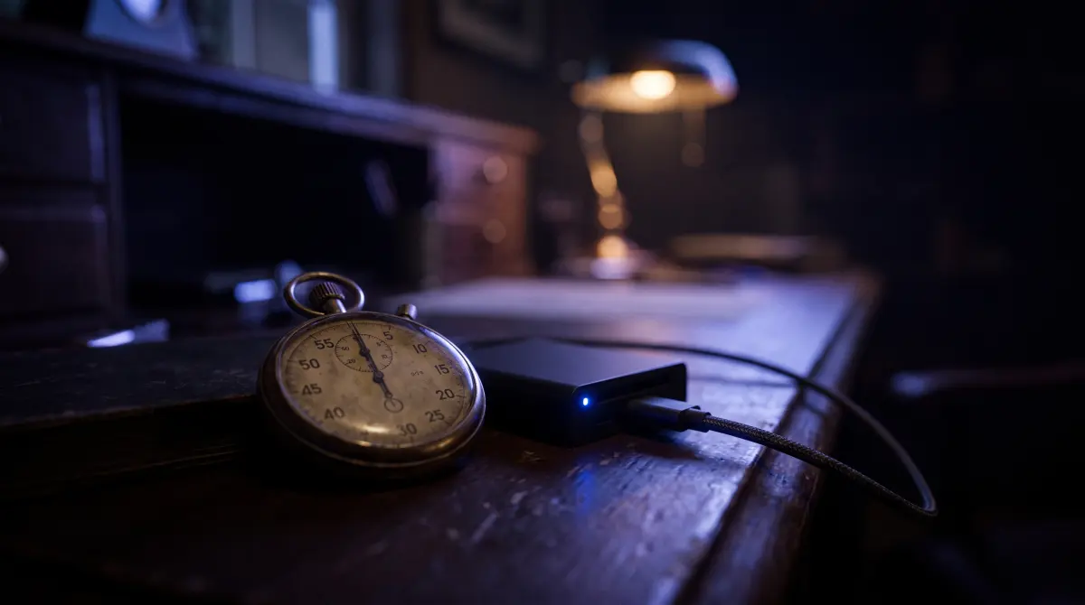 A brass stopwatch lying next to a card reader with a blinking blue activity light