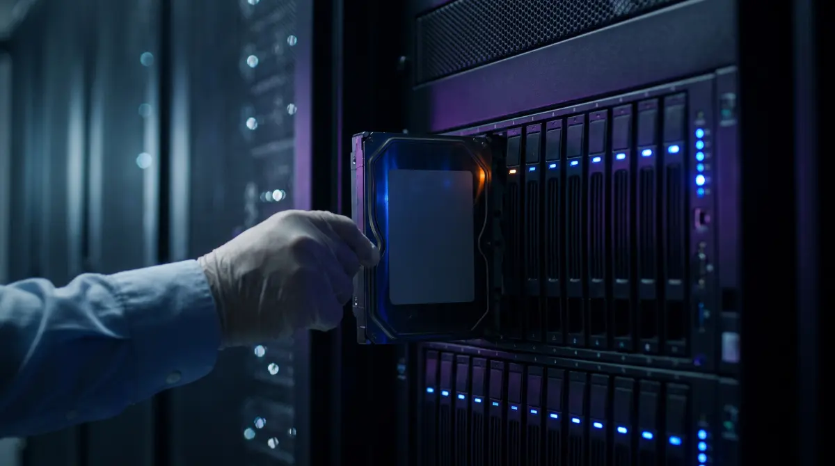 A large hard drive slides into a multi-bay enclosure lit with blue indicator lights