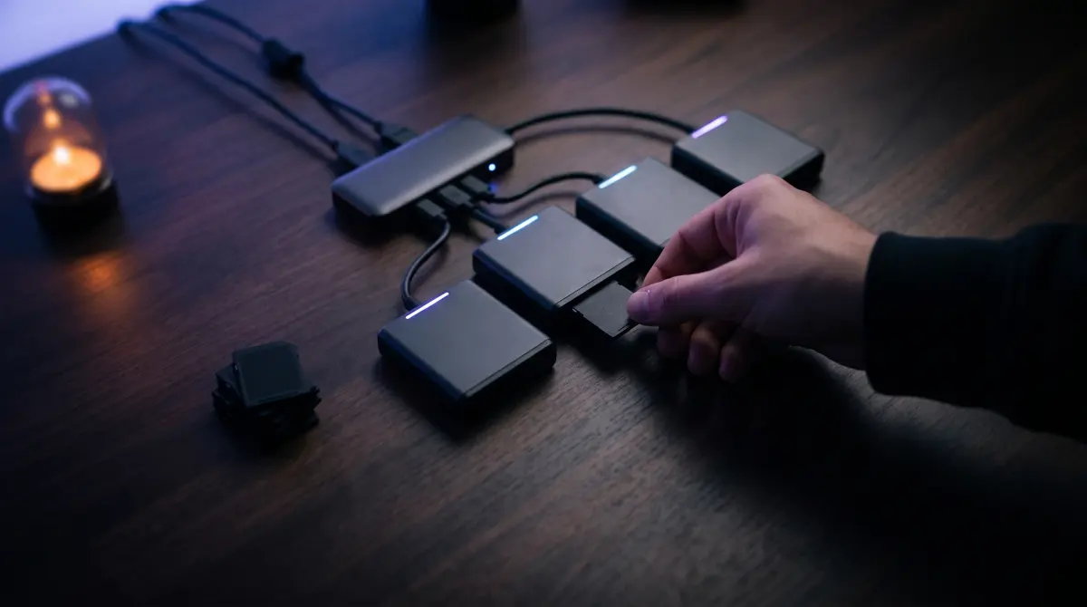 Four card readers on a hub beside a stack of cards and a hand