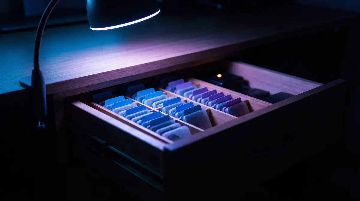 A drawer organizer with memory card cases sorted into compartments with colored tabs