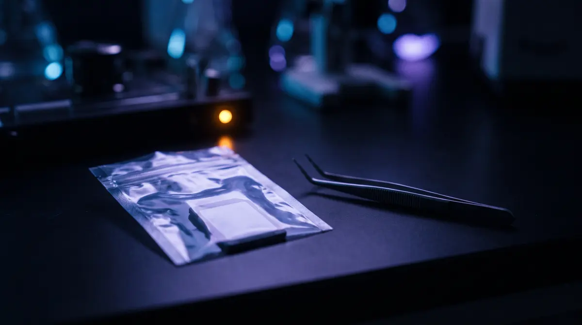 A memory card sealed in an anti-static bag beside tweezers on a clean lab bench
