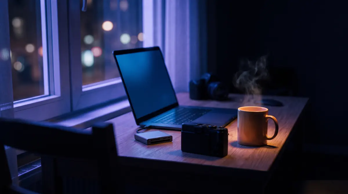 A home desk at night with a laptop, card reader, compact camera and tea