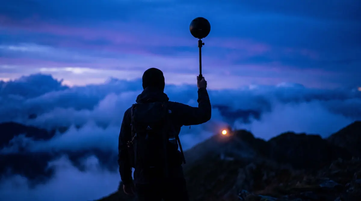 A hiker holds a 360 camera on a thin stick high above a mountain ridge
