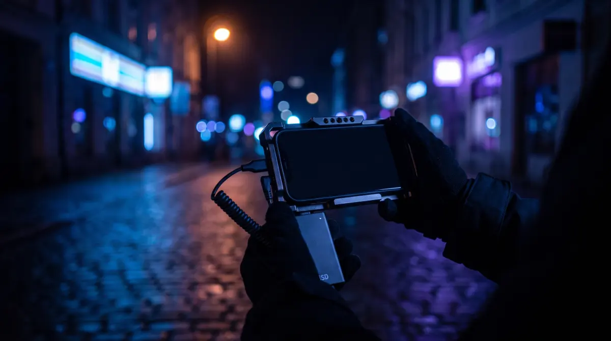 Hands hold a smartphone in a cage rig, a small SSD clipped to its side