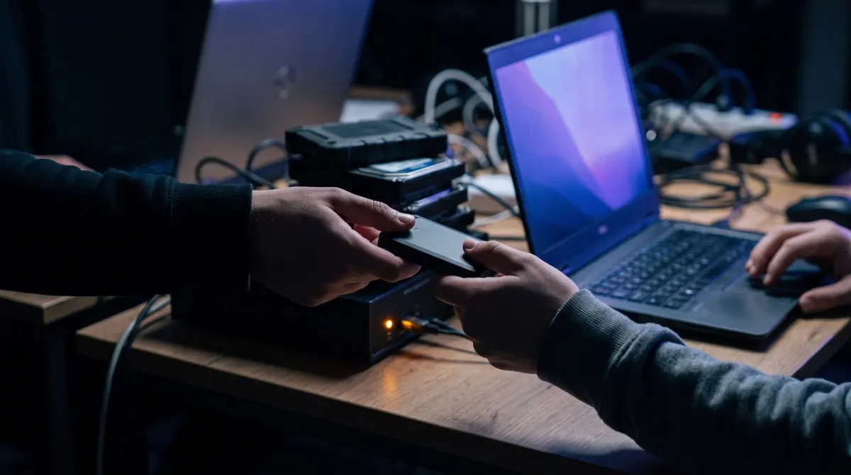 One person hands a shuttle drive to another across a dark production office desk