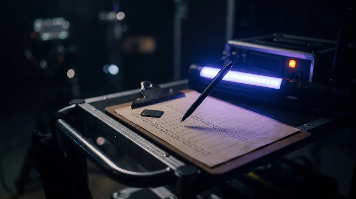 A pen hovers over a clipboard of tick boxes, a memory card clipped on top