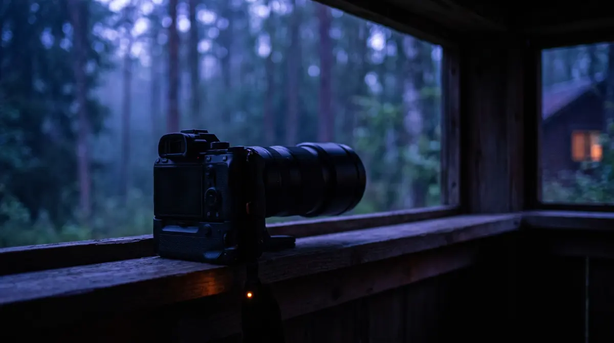 A pro mirrorless camera with a telephoto lens on a ledge facing misty forest