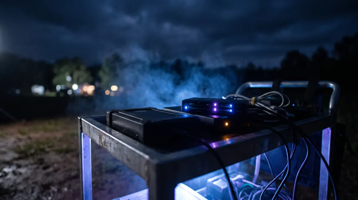 A card reader and rugged drive on a night location cart, blue haze rising