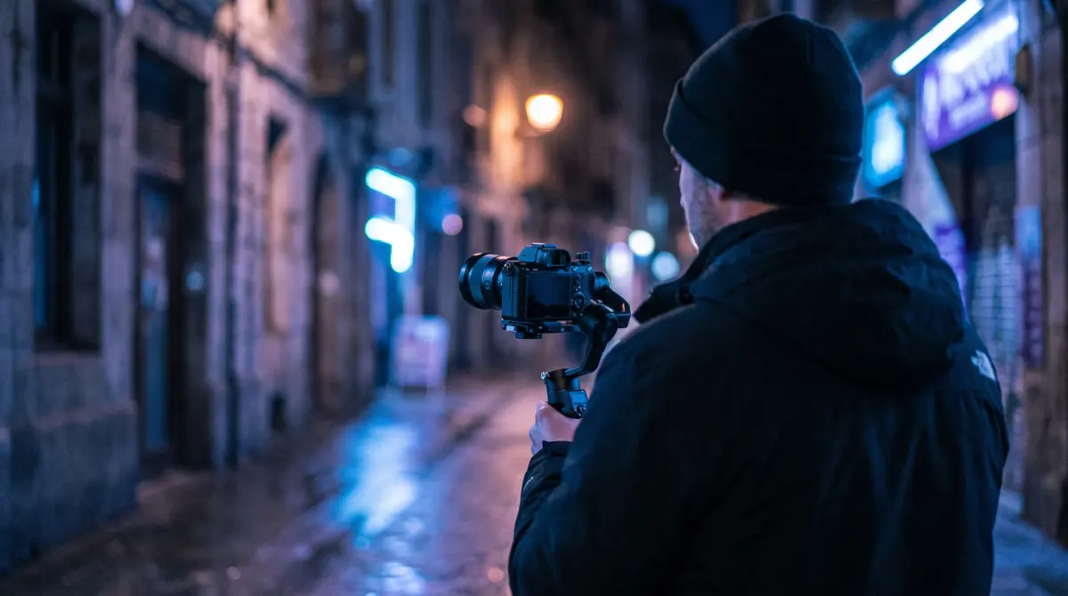 A shooter walks a mirrorless camera on a handheld gimbal through a blue-lit night street