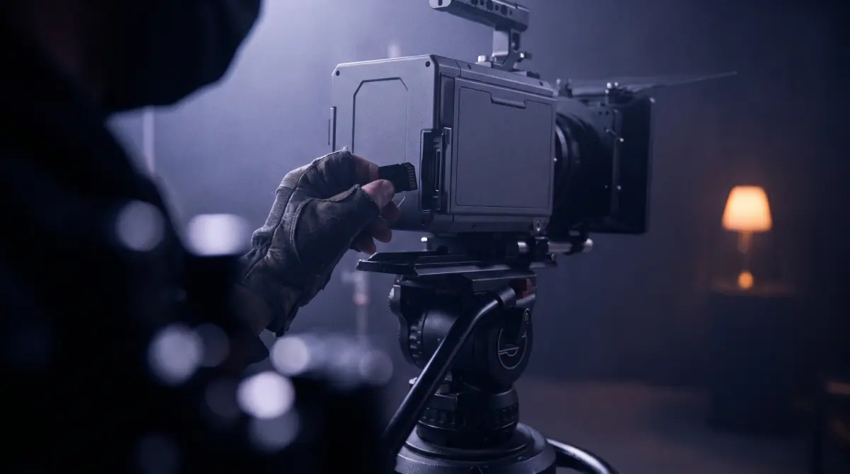 A gloved hand pulls a media card from a boxy high-end cinema camera