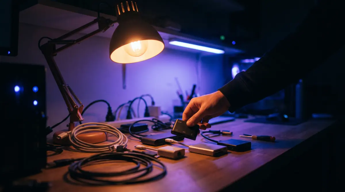 A hand swaps card readers on a dark desk scattered with spare cables and adapters
