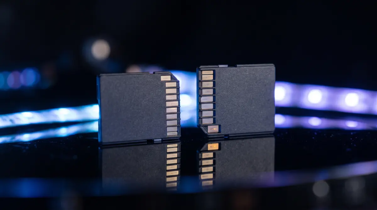 A thin memory card and a thicker high-speed card standing upright on glossy black acrylic