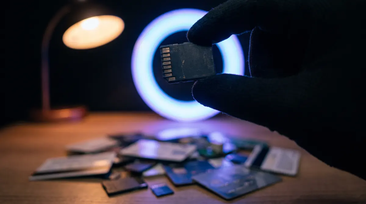 Fingers hold a memory card up to blue backlight above a pile of cheap cards