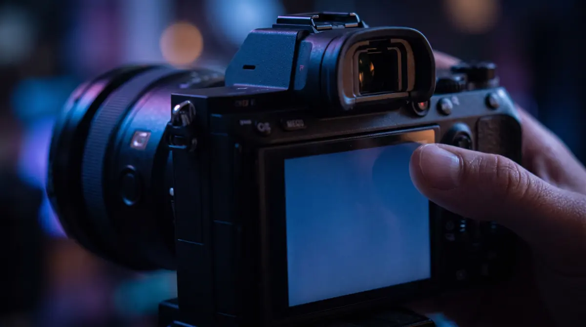 A thumb pauses above the menu button on the back of a mirrorless camera